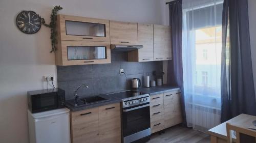 a kitchen with wooden cabinets and a sink and a stove at Apartament Elizabeth in Głubczyce