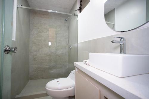 a bathroom with a toilet and a sink and a shower at Hotel Cisne in Cuenca