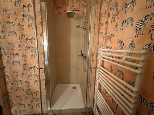 a bathroom with a shower and a toilet in it at Gemütliches Studio am Stadtrand Haustierfreundlich in Berlin