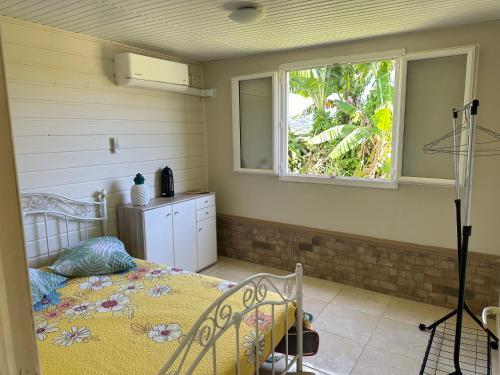 a bedroom with a bed and a window at L'île au Vert in Gros-Morne