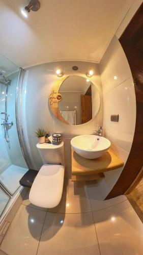 a bathroom with a sink and a mirror at ALMA CHILOTA in Castro