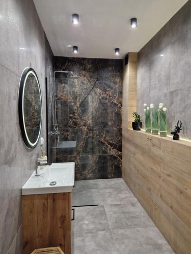 a bathroom with a sink and a mirror at Villa OLIVIA Ferienwohnung Misdroy Insel Ostsee in Wicko