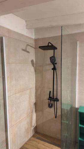 a shower in a room with a glass wall at Rincón del Agreste in Neuquén
