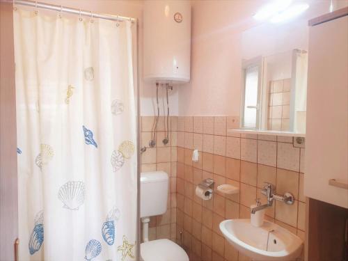 a bathroom with a shower curtain and a toilet at Apartment Roko in Podstražje