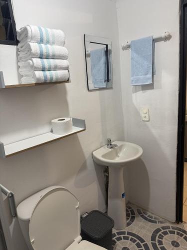 a white bathroom with a toilet and a sink at La Estancia Tolimense in Ibagué