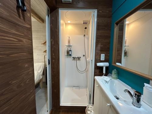 a bathroom with a shower and a sink at Private Stay HANARE in Shishikui