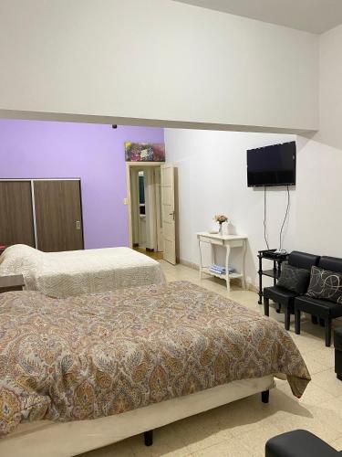 a bedroom with two beds and a flat screen tv at Marías in Resistencia