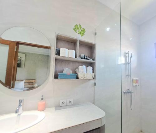 a bathroom with a sink and a mirror and a shower at Paddy Villa Sanur in Sanur