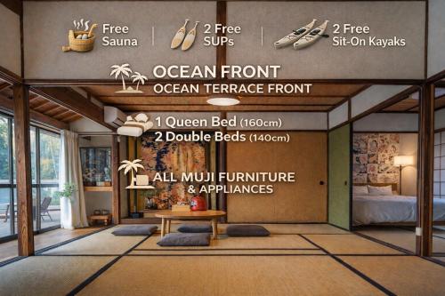 a room with a sign that says ocean front and ocean terracefront at Remote Island MUJI Style Oceanfront Sauna Art injima naosima setouchi Private lodging in Okayama