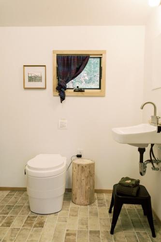 a bathroom with a toilet and a sink at Skogstead Cabin in the boreal forest in Fairbanks