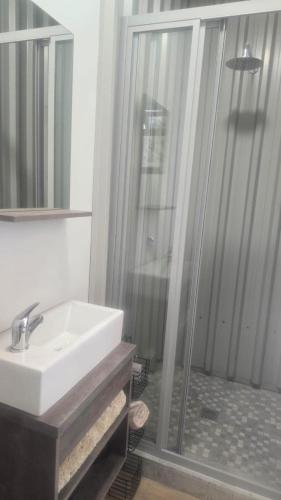 a bathroom with a sink and a glass shower at Tranquility - Cabin nestled in the mountains in Worcester