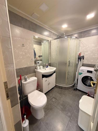 a bathroom with a toilet and a sink and a washing machine at Comfortable zone in Yerevan