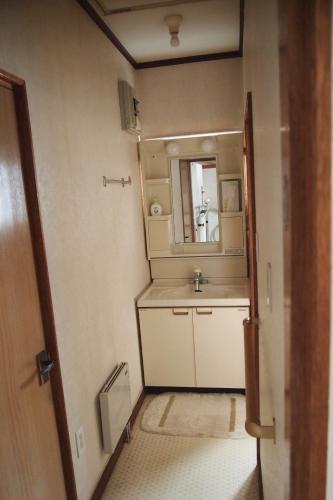 a small bathroom with a sink and a mirror at Puffin House in Engaru