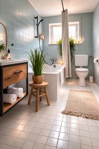 a bathroom with a tub and a toilet and a sink at Deluxe Studio Bella in Backnang