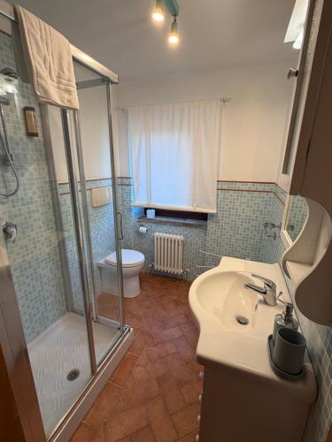 a bathroom with a shower and a sink and a toilet at Colle dei Falchi in Fermo