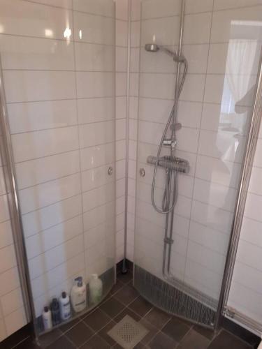 a shower in a tiled bathroom with a glass door at Workers Stay - Furnished Housing Umeå Sweden in Klabböle