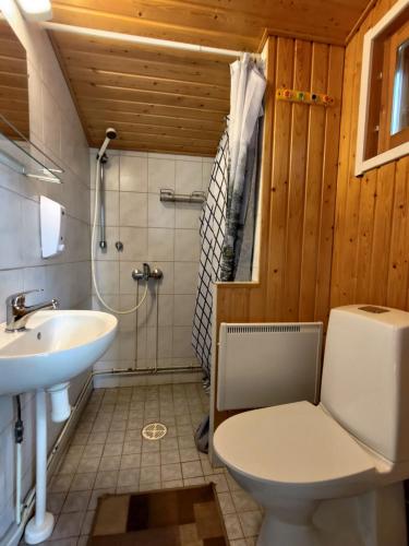 a bathroom with a toilet and a sink at Pyhtään Vuokramökit in Tuuski