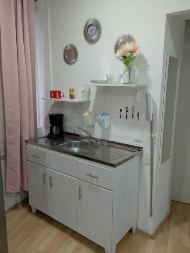 a white kitchen with a sink and a refrigerator at Habitaciones Narvarte Del Valle in Mexico City