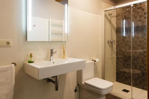 La salle de bains est pourvue d'un lavabo, d'une douche et de toilettes. dans l'établissement Alojamientos Rurales Apezarena, à Izalzu