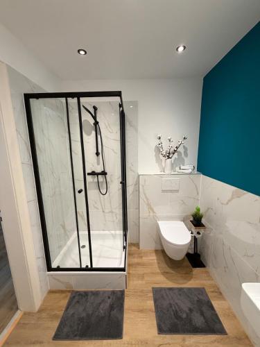 a bathroom with a shower and a toilet and a sink at Home&Living - Casa Nova in Meerbusch
