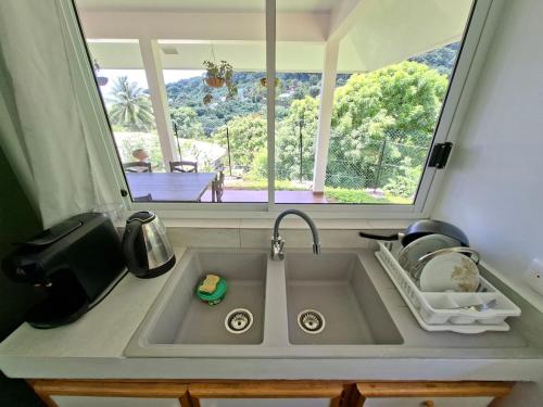 a kitchen sink with a large window above it at Bungalow Hoarai in Uturoa