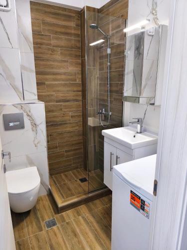 ein Badezimmer mit Dusche, Toilette und Waschbecken in der Unterkunft Apartment Mitko in Ofrynio