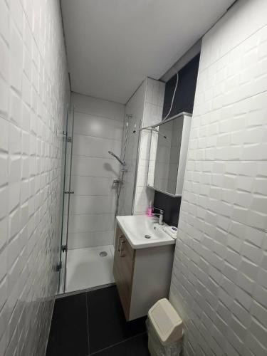 a bathroom with a sink and a shower and a toilet at Tijekova koča in Hočko Pohorje