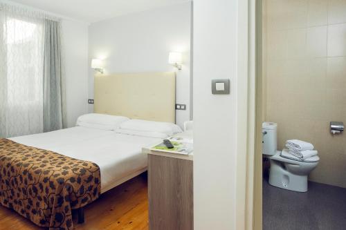 Habitación de hotel con cama y aseo en Casual Gurea en Bilbao