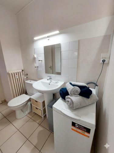 a bathroom with a sink and a toilet and a mirror at Le Cosy Gaillard 3 étoiles, magnifique vue sur la ville, parking privé et proche du centre in Brive-la-Gaillarde