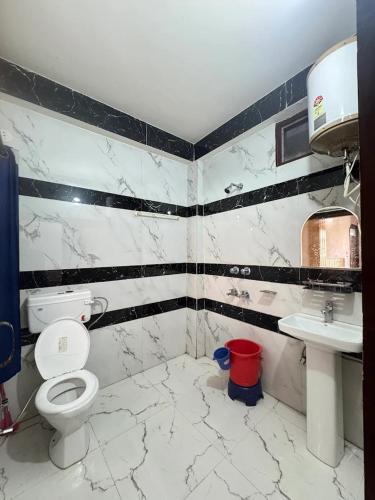 a bathroom with a toilet and a sink at Himvilla Kasol in Jāmb