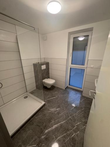 a bathroom with a toilet and a glass shower at Ferienapartments Sternen WOHN 6 in Baiersbronn