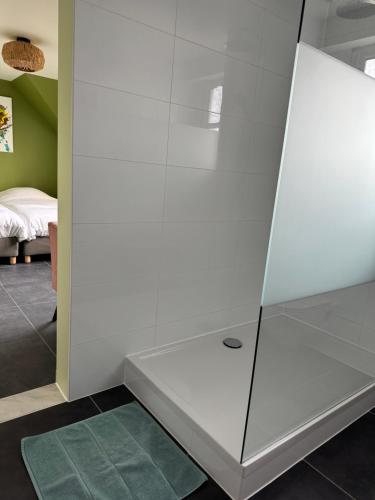 a shower with a glass door in a room at Heavenlywell in Geel