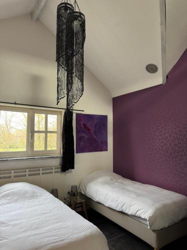 two beds in a room with purple walls and windows at Heavenlywell in Geel