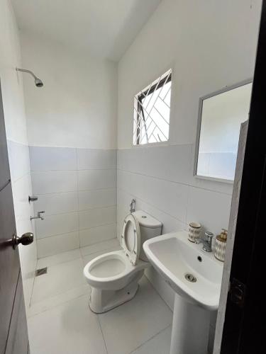 a white bathroom with a toilet and a sink at Casa Flores in Sampong