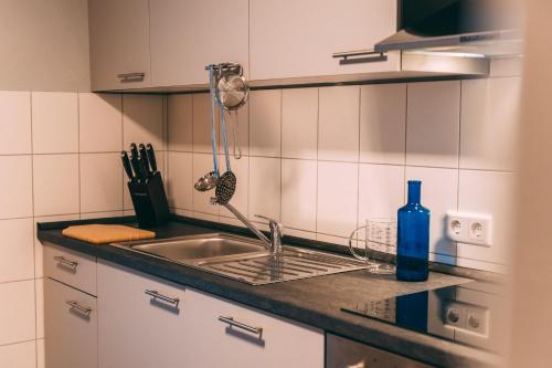 a kitchen with a sink and a blue bottle at Haus im Garten in Stockach