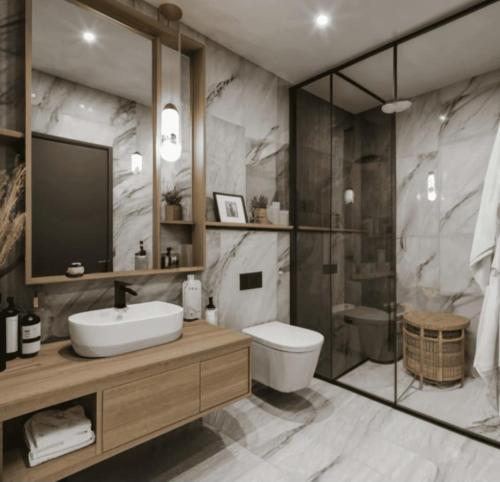 a bathroom with a sink and a toilet and a shower at Sea Bliss Villa1 in Pereybere