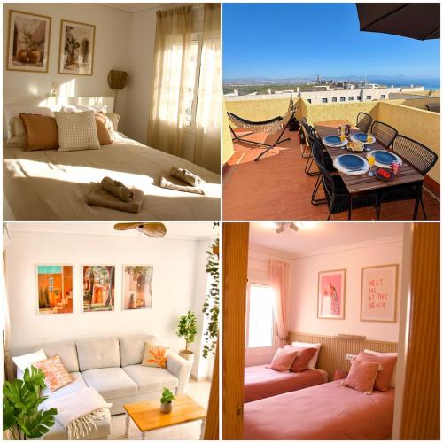 a collage of four pictures of a bedroom and a living room at Casa Jema - Family house with ocean views in Gran Alacant
