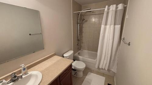 a bathroom with a sink and a toilet and a shower at Halton Hills Haven in Milton