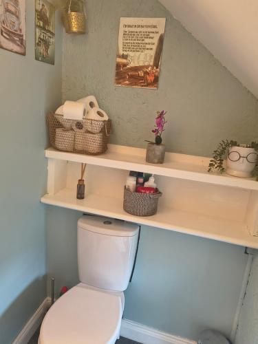 a bathroom with a toilet and shelves on the wall at Comfy Bedroom and Private Bathroom on the Top Floor of a Home Stay -10 mins walk to the center - Off street parking in Cork