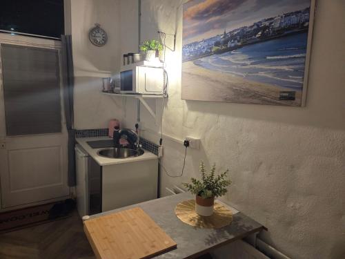 a small kitchen with a sink and a table at Downhill Beach Studio Suite in Coleraine