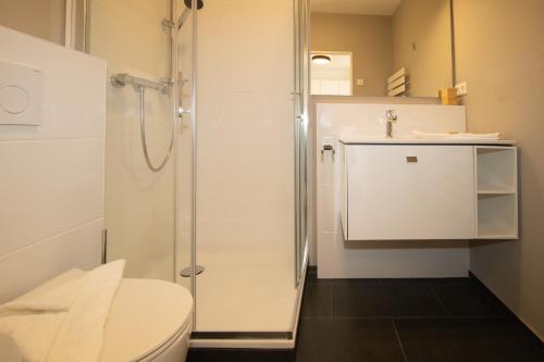 a bathroom with a shower and a toilet at Sylt for Friends in Hörnum