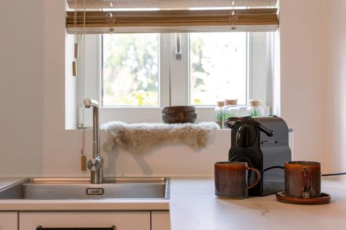 a kitchen counter with a sink and a window at Hoeve De Blauwe Zaal in Bruges