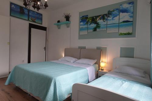 a bedroom with two beds and a window at Red blue with private parking and Gray blue apartment in Pula