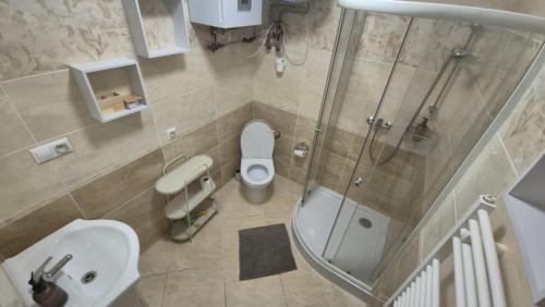an overhead view of a bathroom with a toilet and a shower at Cozy Apartment - Netflix & Free parking in Žilina