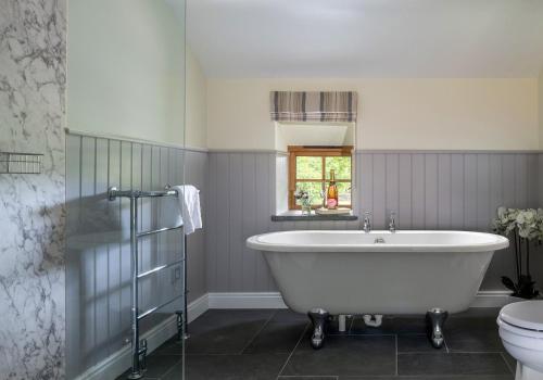 a bathroom with a large tub and a toilet at Glandwr Cottage at Hendre Rhys Gethin in Betws-y-coed