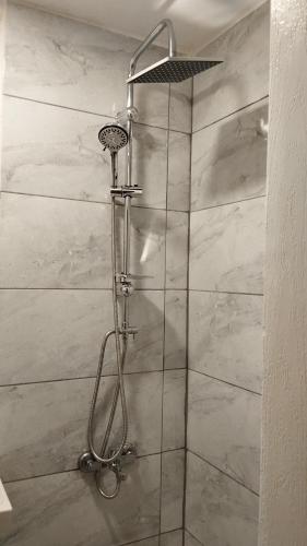 a shower with a glass door in a bathroom at Gafa Garden Hostel & Apartments - Great Location in Istanbul