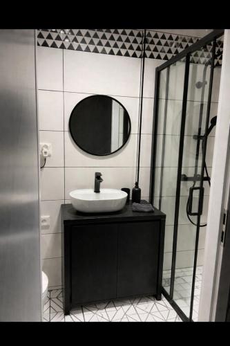 a bathroom with a sink and a mirror at Mini Cozy Spot in Żagań
