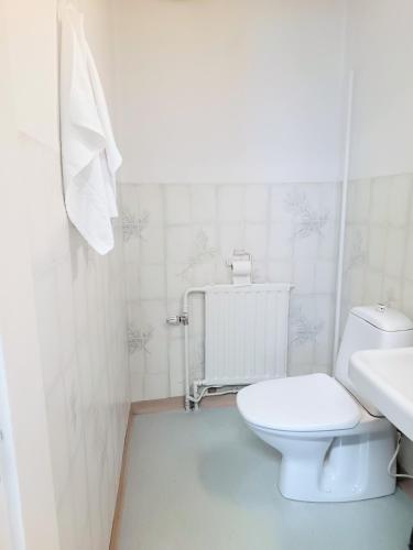 a white bathroom with a toilet and a sink at Nivan Majoitus Nivan koulu in Joensuu
