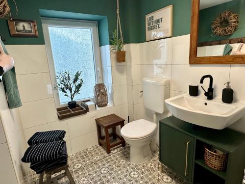 a bathroom with a toilet and a sink and a window at Stadtwohnung Hygge Home in Neustadt in Holstein
