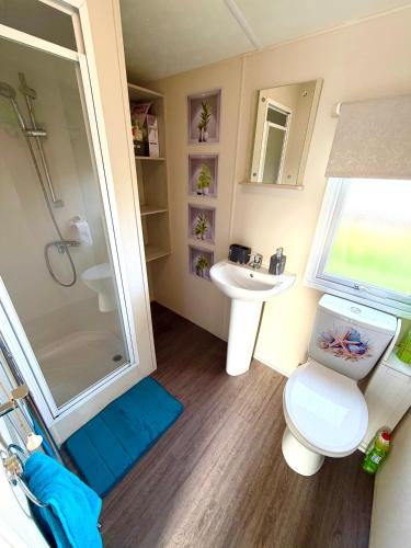 a bathroom with a shower and a toilet and a sink at Lyons Robin Hood Caravan in Rhyl-5 min walk to Beach ,FREE Wi-Fi and FREE parking for 4 cars, sleeps up to 8 people-3 bedrooms in Rhyl